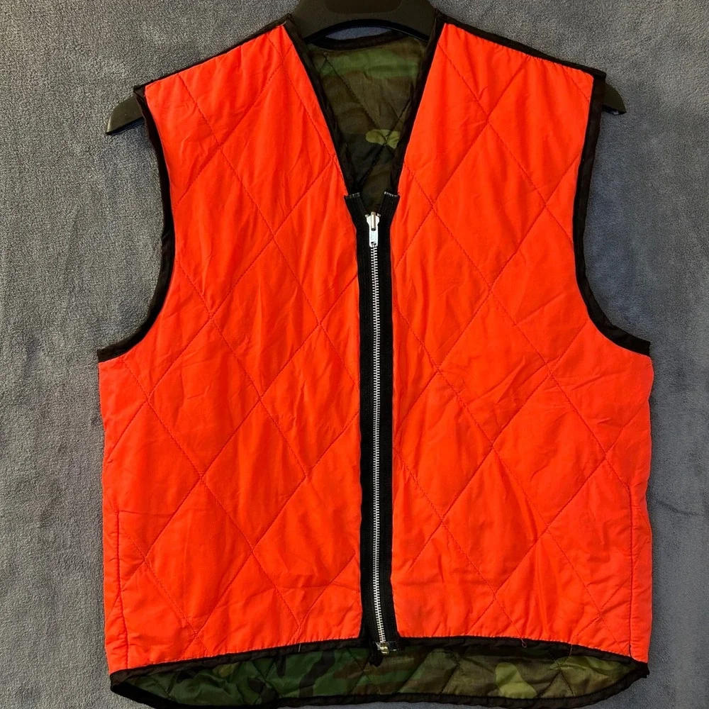 Vintage Reversible Camo Blaze Orange Mens Medium Quilted Hunting Vest USA Made